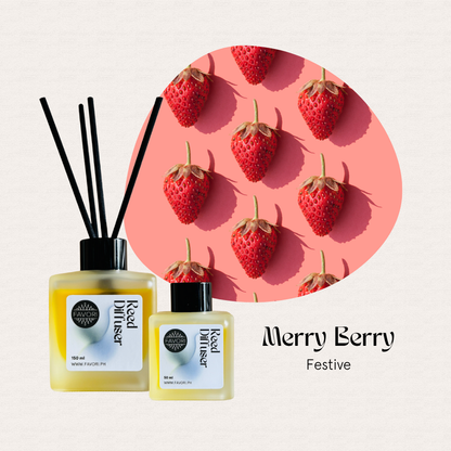 Two FAVORI Merry Berry RRDs with long-lasting scent and strawberries on pink, text: Merry Berry Festive.