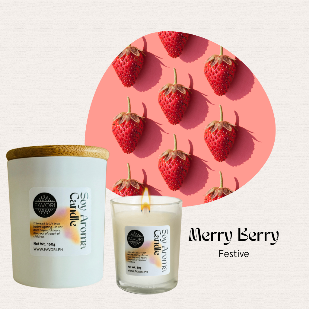 Two FAVORI Scents All Occasion soy candles, strawberries on pink, label text: Merry Berry Festive.