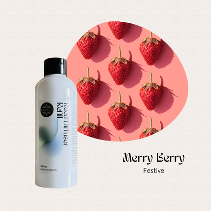 FAVORI Scents Merry Berry Reed Diffuser Refill (RDR) with fiber sticks and strawberries on pink background.