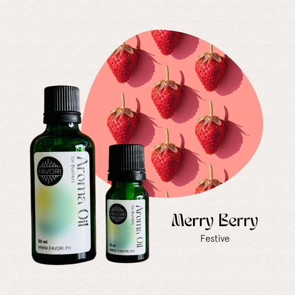 Two green FAVORI Scents Burner Aroma Oils bottles with nine strawberries, labeled Merry Berry Festive.