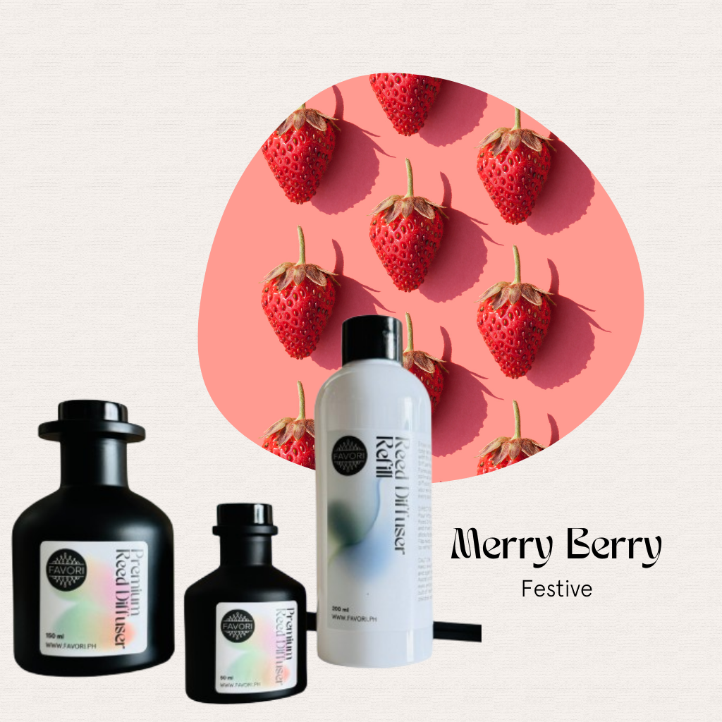 Three FAVORI Scents Merry Berry Trio Premium Reed Diffusers, black and white, with Merry Berry Festive text.
