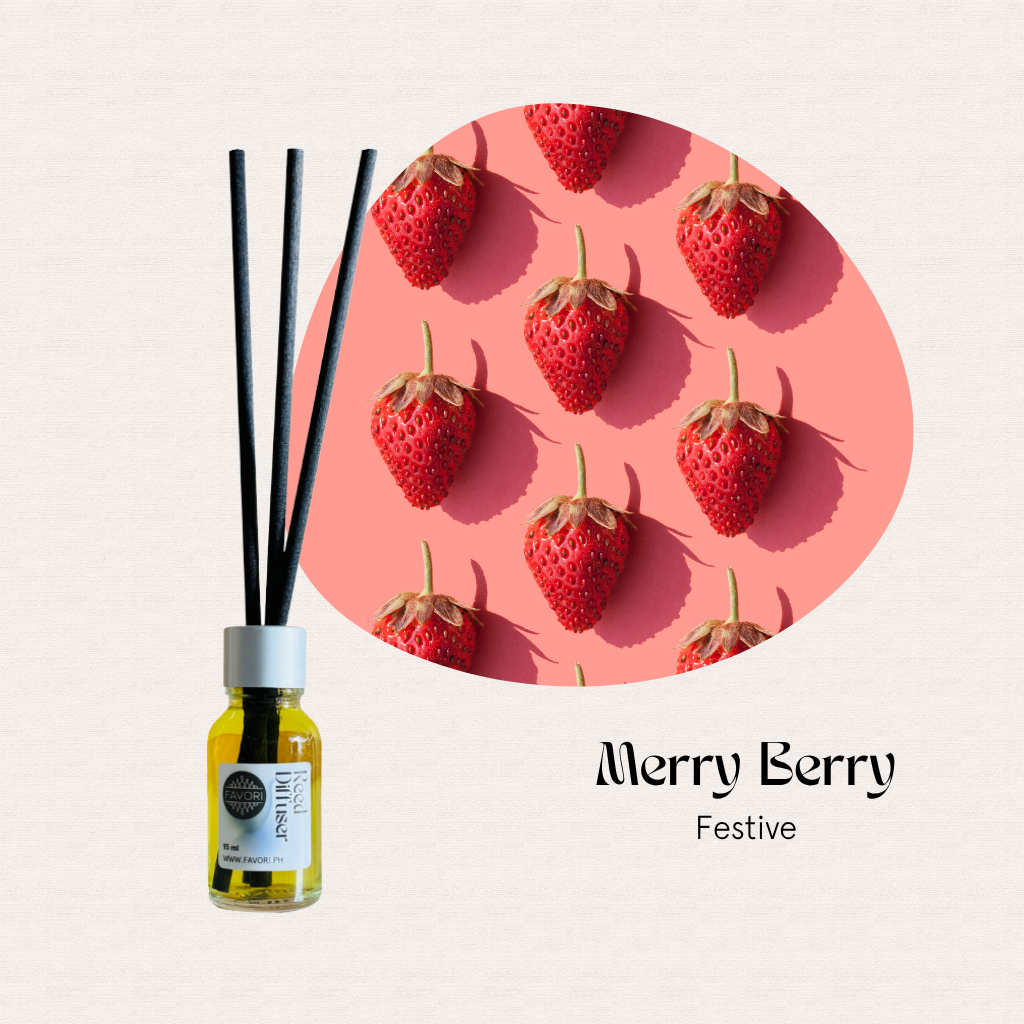 FAVORI Scents Mini Reed Diffusers (MRD) with fiber sticks, shown beside strawberries, labeled Merry Berry Festive.