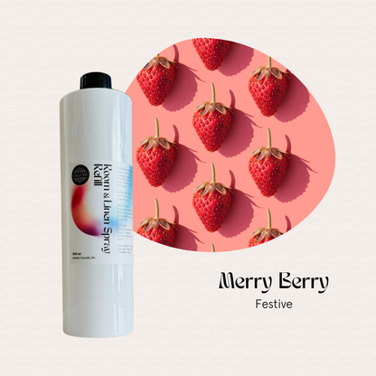 A FAVORI Scents 500ml Air Spray stands by strawberries on pink, labeled Merry Berry Festive.