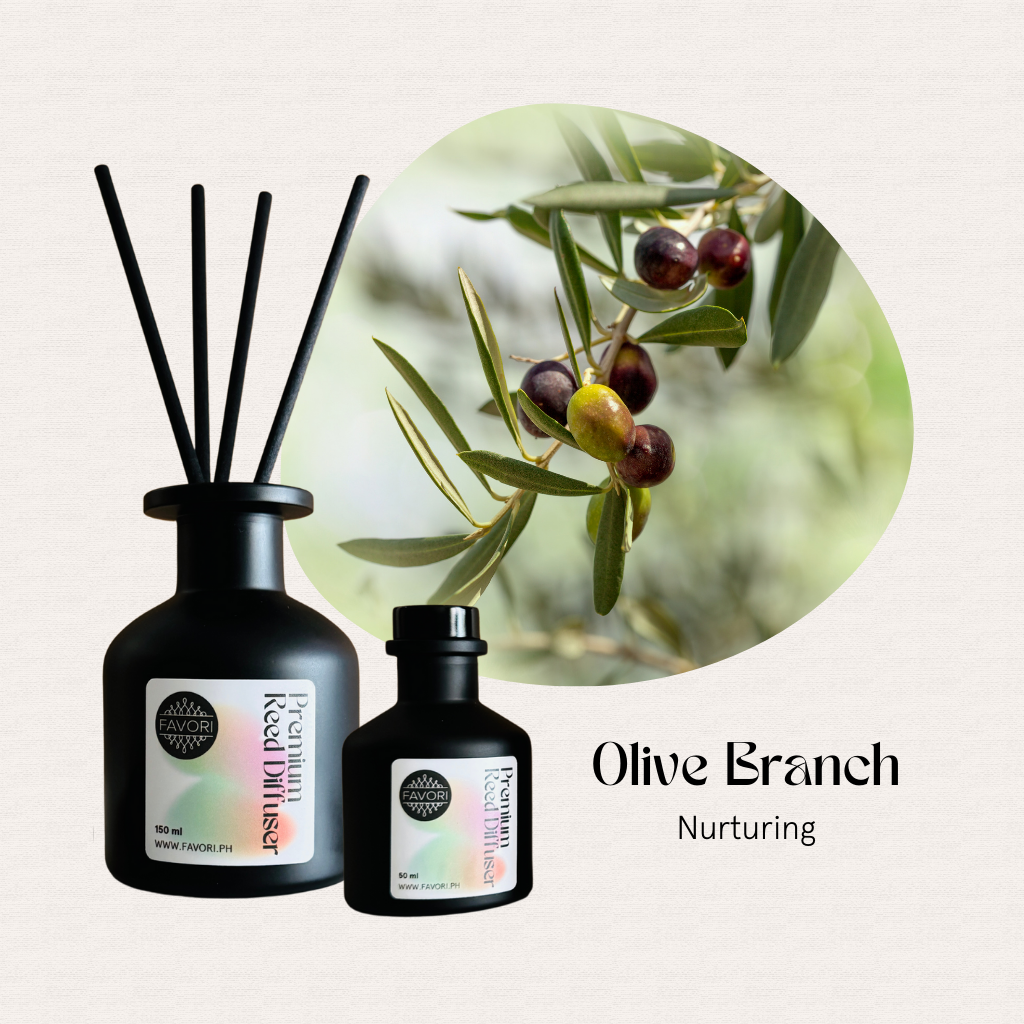 FAVORI Scents Olive Branch Premium Reed Diffuser (PRD) with olives on a light background.