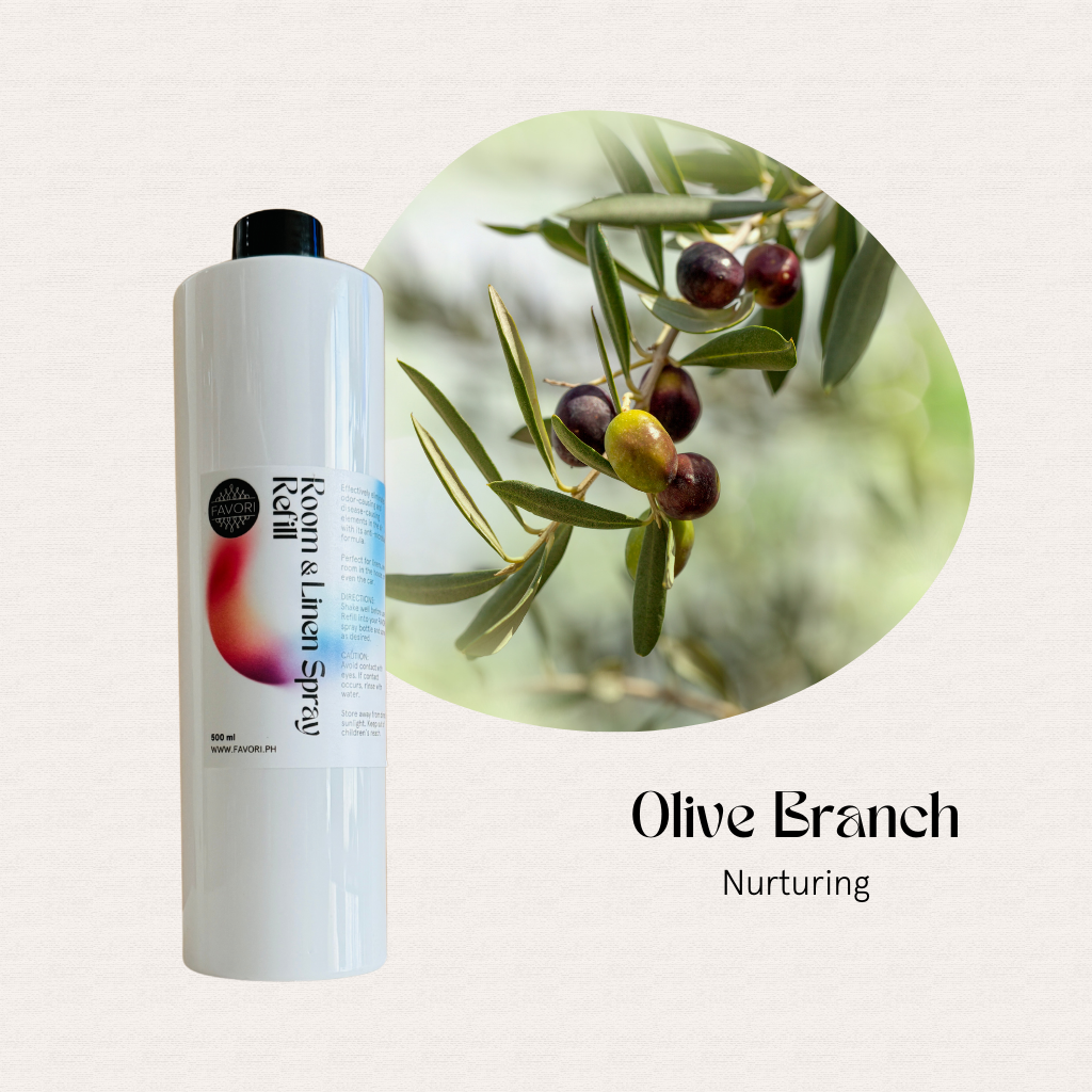 A white room and FAVORI Scents Refill – Regular Room & Linen Air Spray 500ml beside olives on a branch.