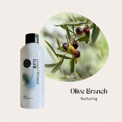 A bottle of FAVORI Scents Olive Branch Reed Diffuser Refill (RDR), with an olive branch scent.