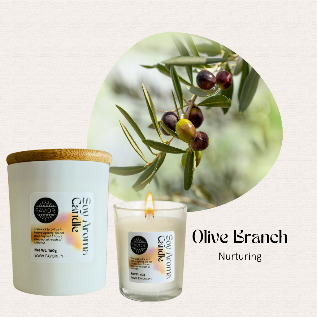 A premium soy candle, FAVORI Scents All Occasion, features an olive branch and olives on the label.