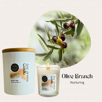 A premium soy candle, FAVORI Scents All Occasion, features an olive branch and olives on the label.