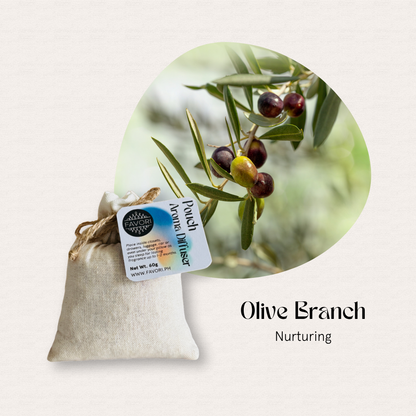 The FAVORI Scents PAD is a canvas pouch with olive designs, holding antimicrobial aroma oil.
