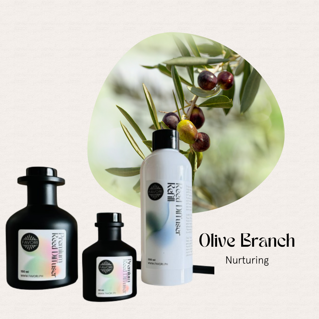 Three black and white bottles evoke the Mediterranean scent of FAVORI Scents Olive Branch Trio Reed Diffuser.