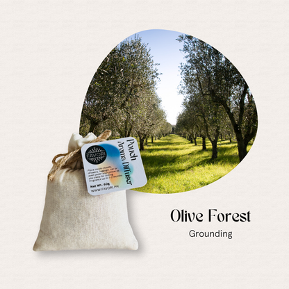 A small PAD by FAVORI Scents in front of an olive grove, labeled Olive Forest Grounding diffuser oil.