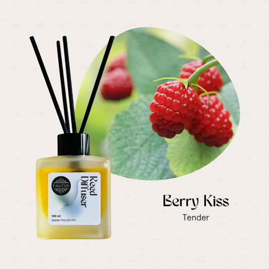 The FAVORI Scents Berry Kiss Regular Reed Diffuser (RRD) adds a berry aroma with bottle and sticks.