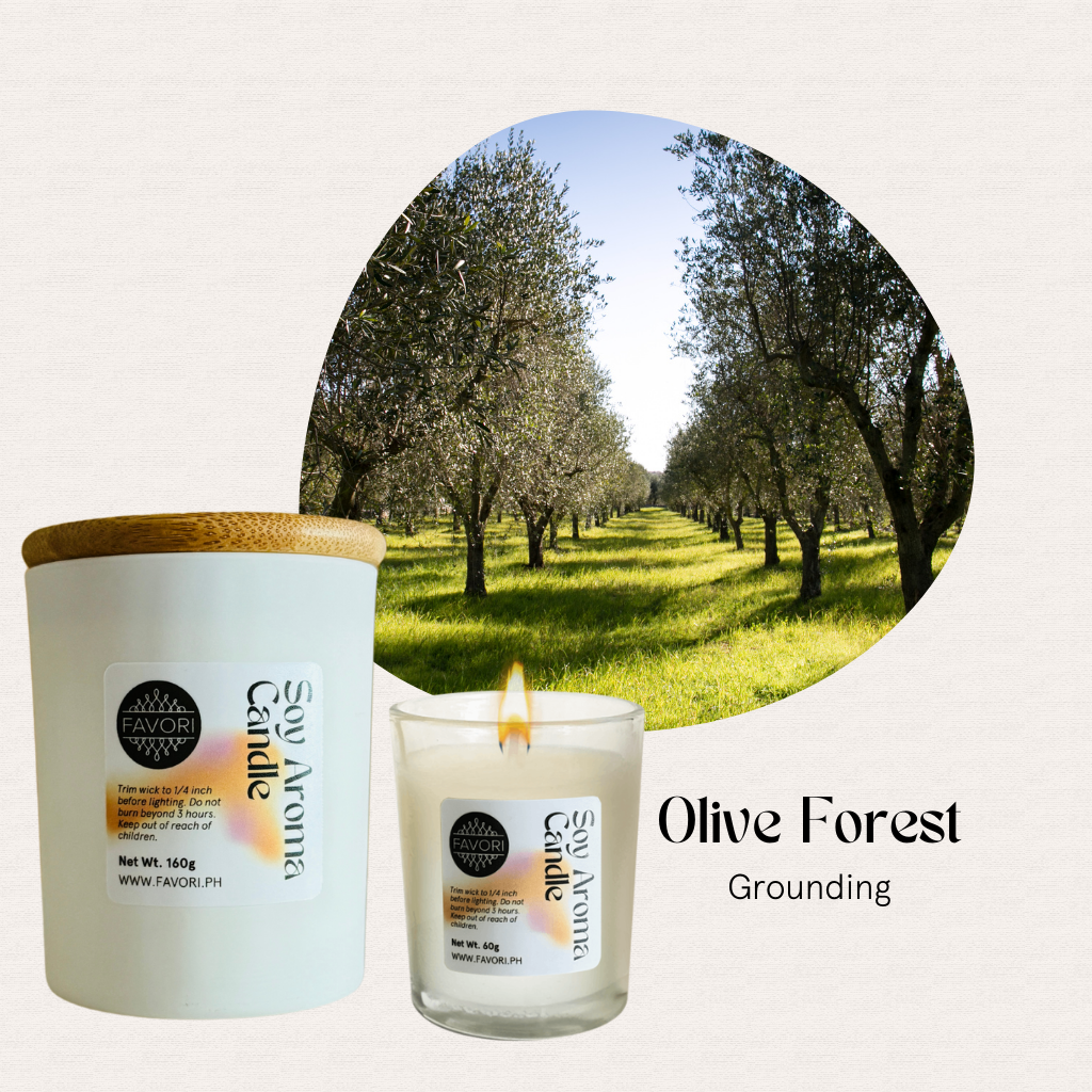 FAVORI Scents All Occasion soy candle with burning wick, olive trees, and "Grounding" text on label.