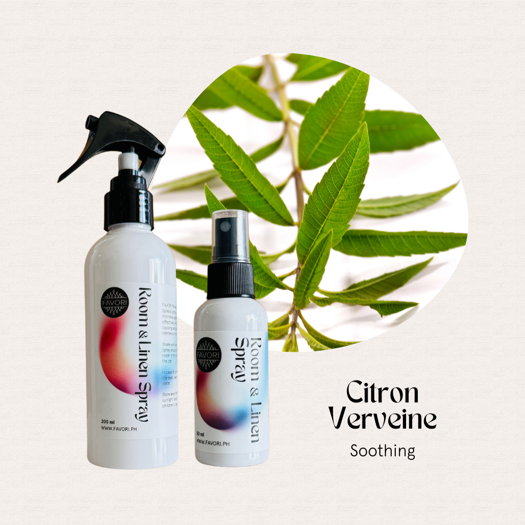 Two FAVORI Scents Regular Room & Linen Air Sprays labeled “Citron Verveine Soothing” mood enhancer.