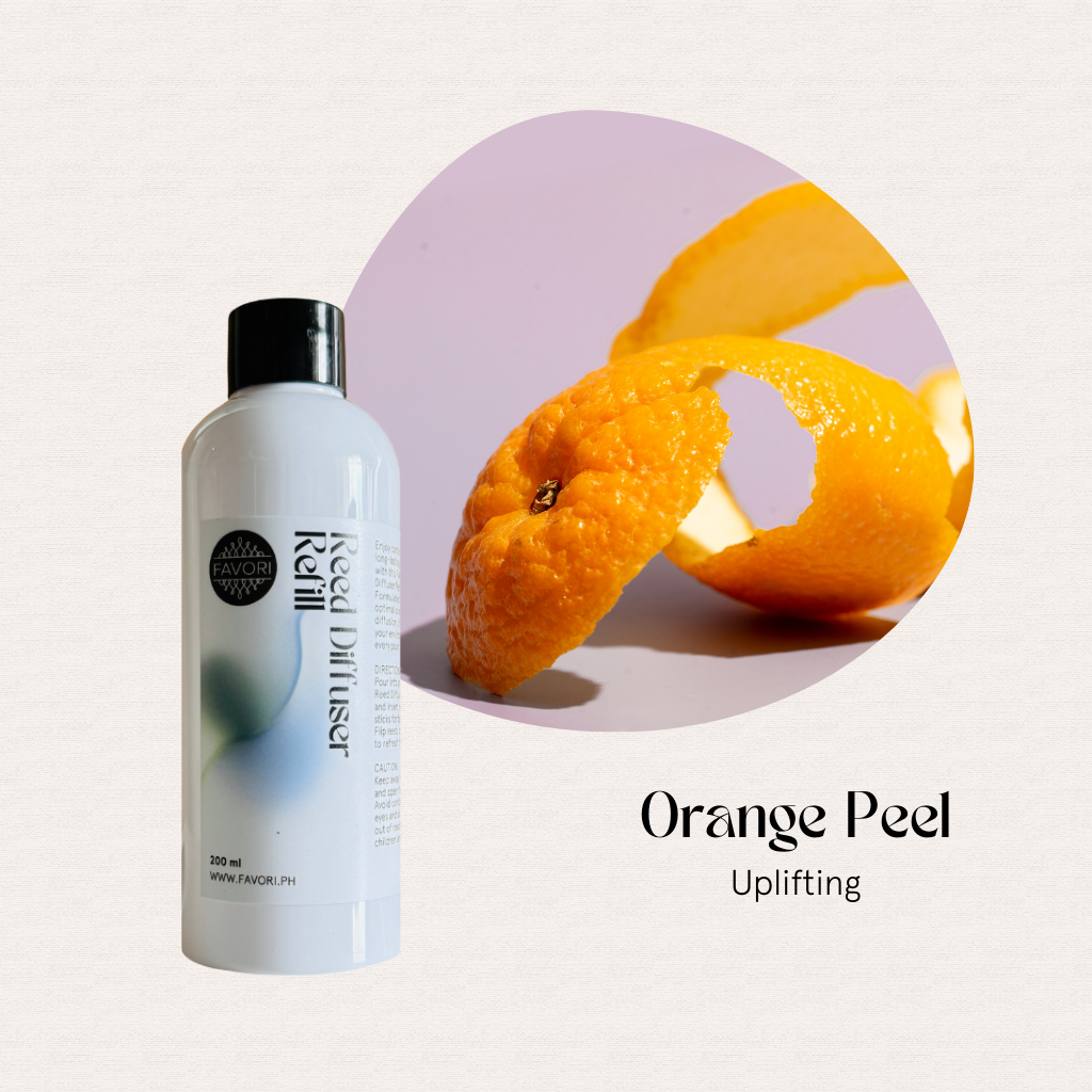 The FAVORI Scents Orange Peel Reed Diffuser Refill (RDR) includes fiber sticks and a refreshing citrus aroma.