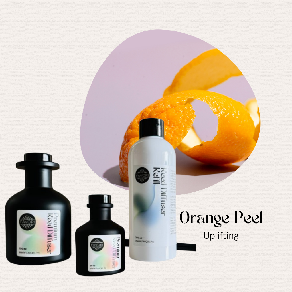 FAVORI Scents’ Orange Peel Trio Premium Reed Diffuser offers an uplifting, long-lasting orange peel aroma.