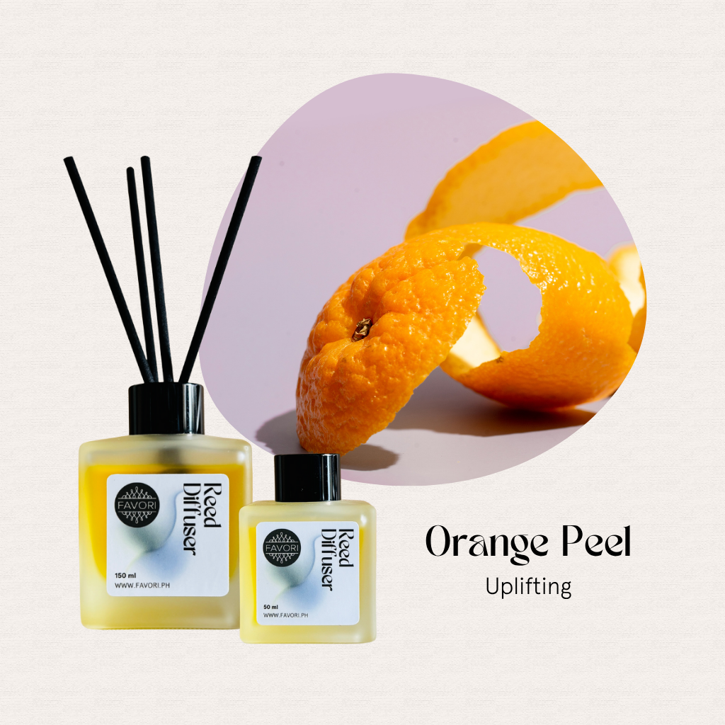 Two FAVORI Scents Orange Peel RRDs with lasting fragrance, labeled Orange Peel Uplifting, on purple.
