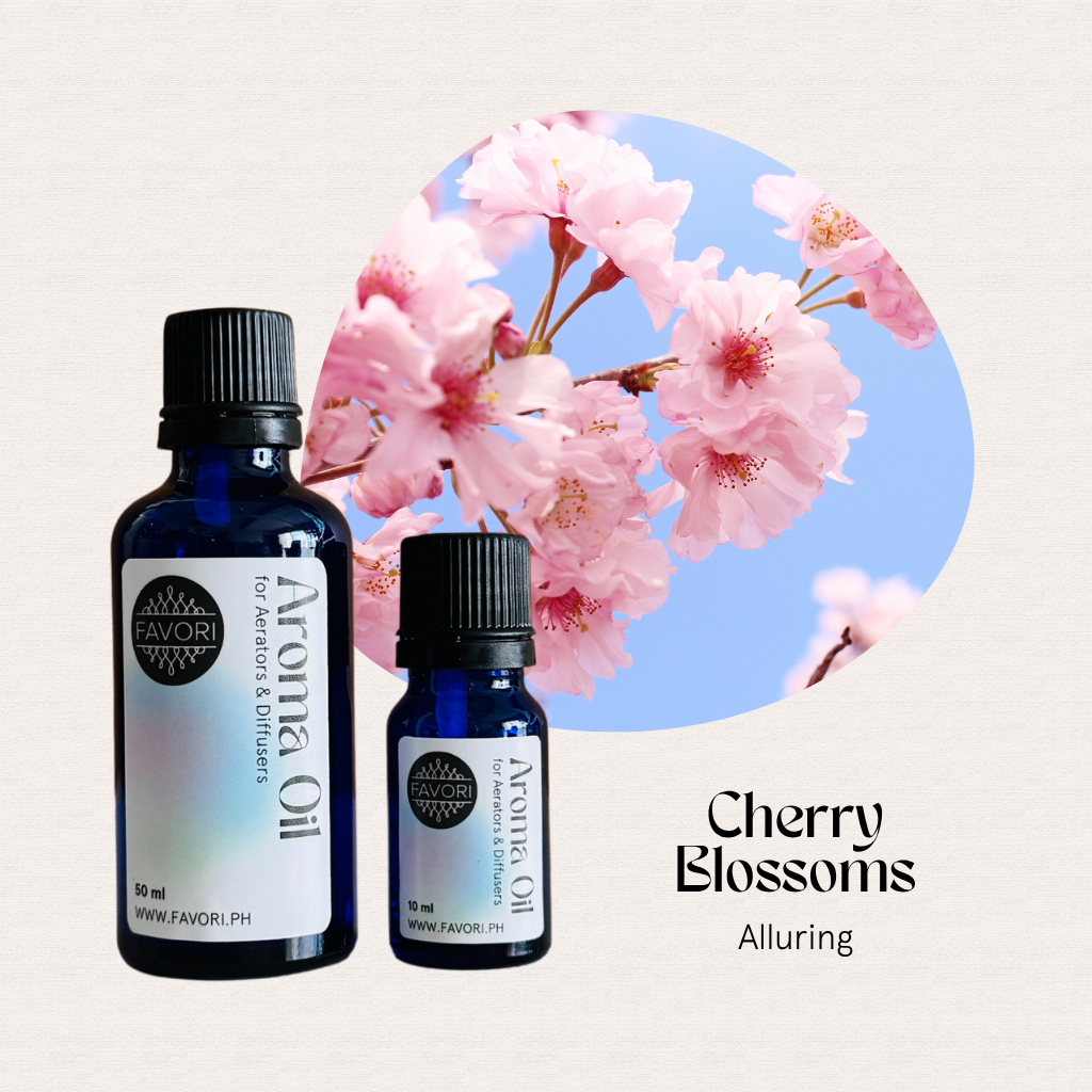 Blue bottles of FAVORI Scents AD Aroma Oils offer a long-lasting cherry blossom scent in water-soluble form.