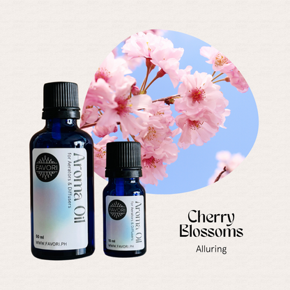 Blue bottles of FAVORI Scents AD Aroma Oils offer a long-lasting cherry blossom scent in water-soluble form.