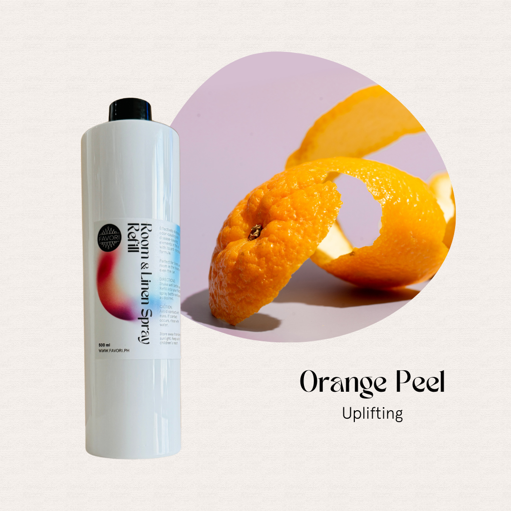 White 500ml FAVORI Scents Room & Linen Air Spray Refill, Orange Peel scent, uplifting odor eliminator.
