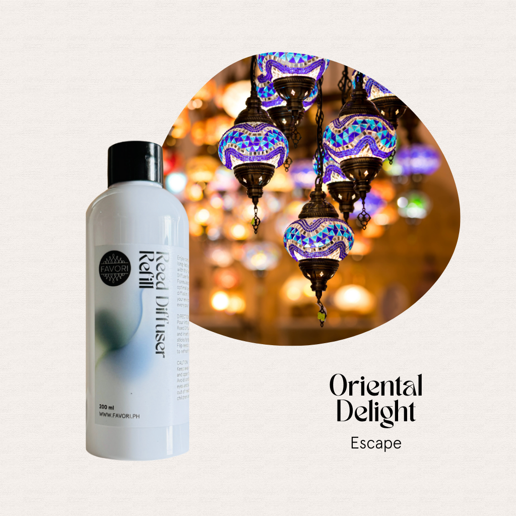 A bottle of FAVORI Scents Oriental Delight Reed Diffuser Refill with mosaic lamps glowing in the background.