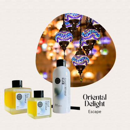Three FAVORI Scents Oriental Delight Trio Reed Diffusers sit below mosaic lamps; floral fragrances await.