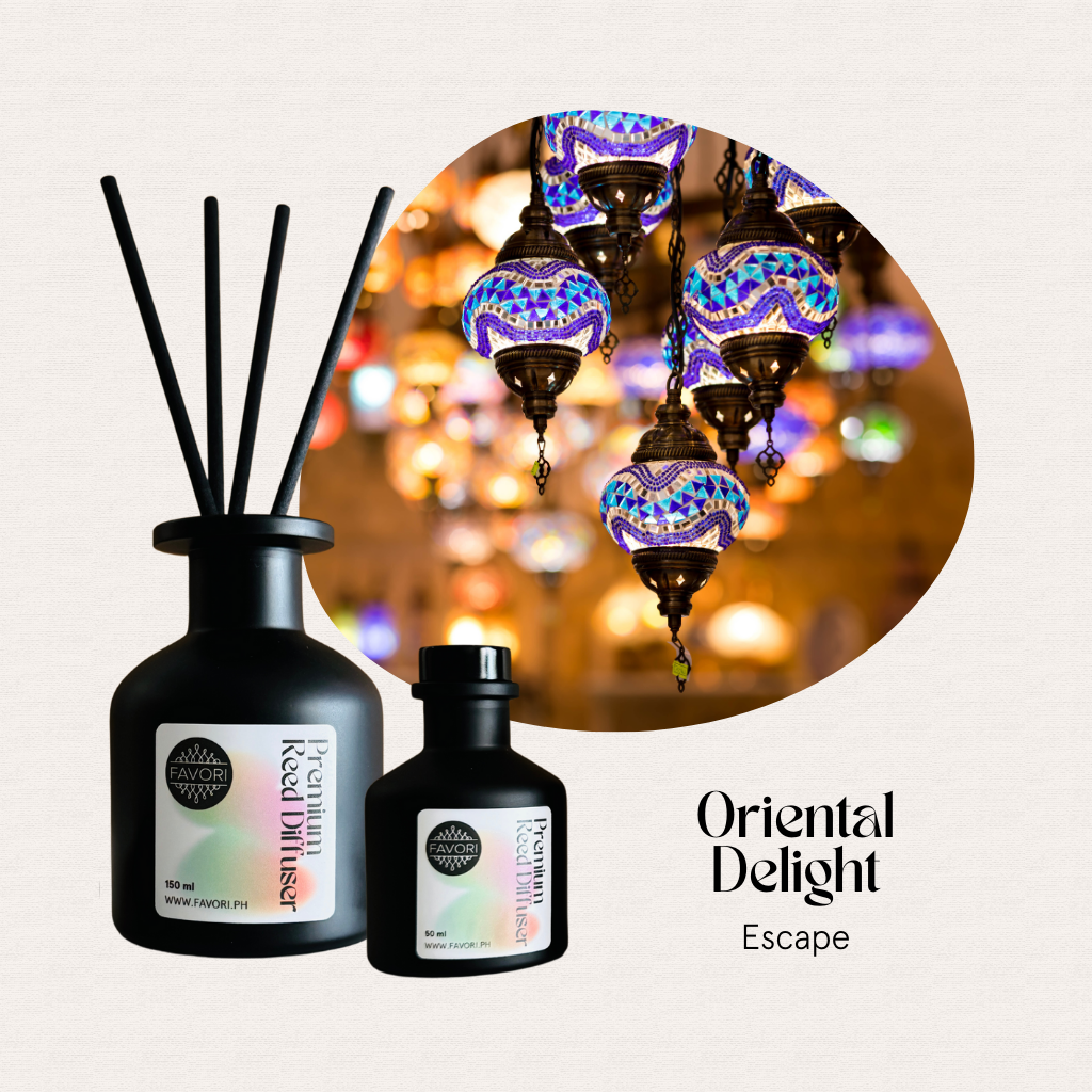 FAVORI Scents Oriental Delight Premium Reed Diffuser (PRD) features floral fragrances in a stylish bottle.