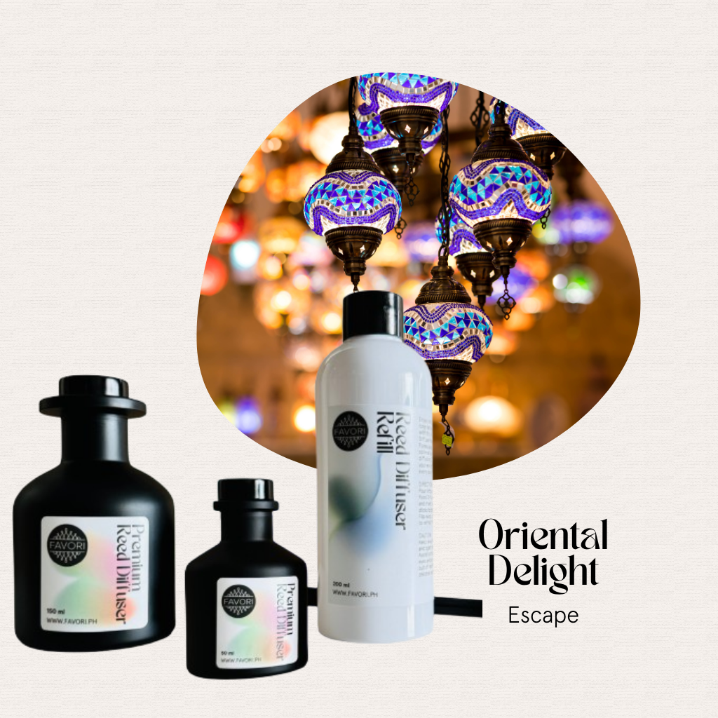 FAVORI Scents Oriental Delight Trio Premium Reed Diffusers set with mosaic lanterns in the background.