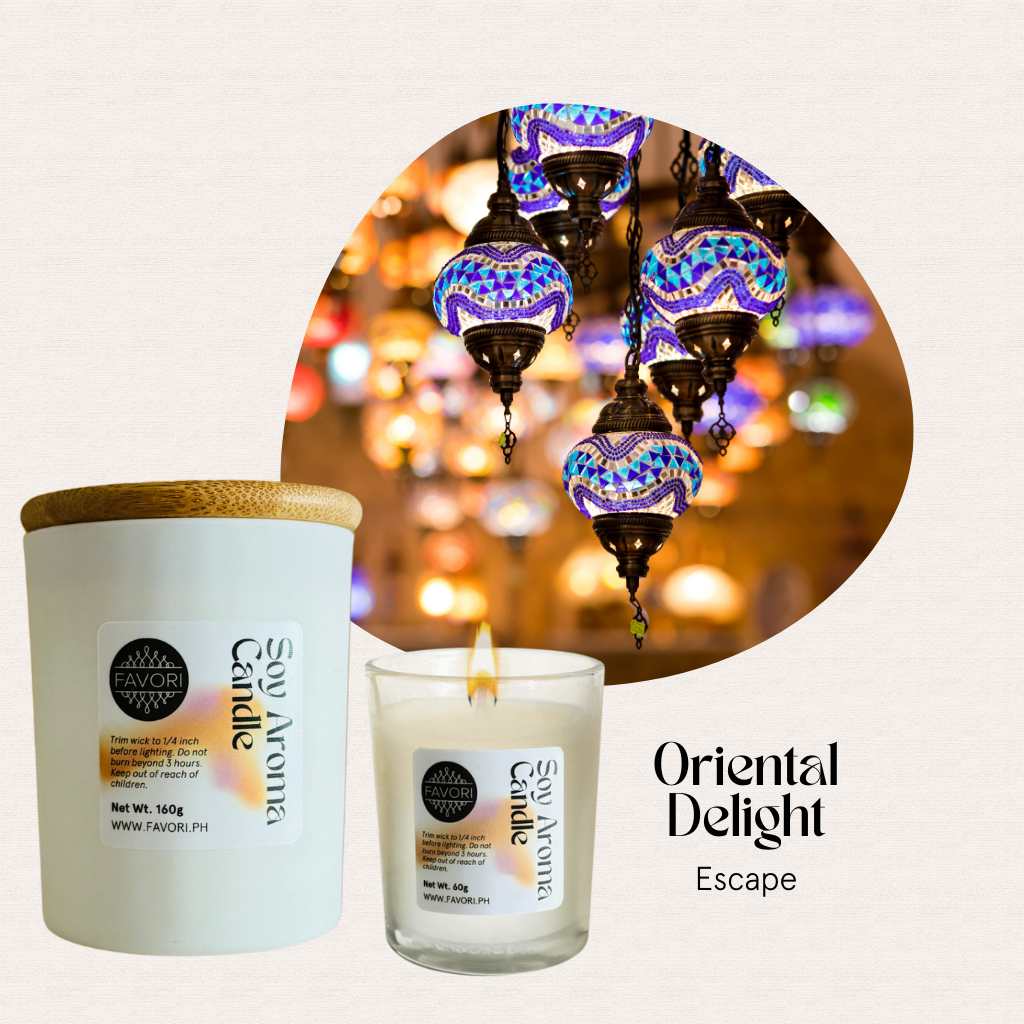 A lit FAVORI Scents All Occasion soy candle glows, backed by colorful Turkish lamps.