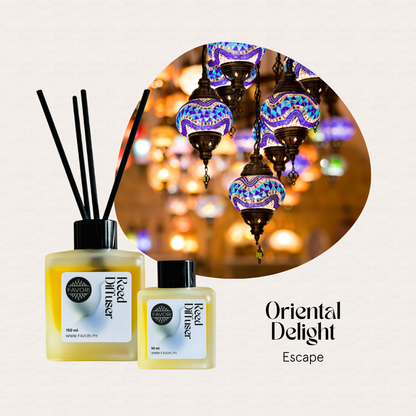 Two FAVORI Scents Oriental Delight Reed Diffusers, text: Oriental Delight Escape.