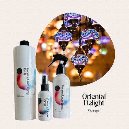 Three white FAVORI Scents Trio Air Sprays in front of mosaic lanterns for room & linen freshness.