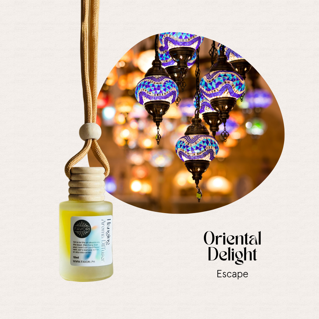 FAVORI Scents Hanging Aroma Diffusers and mosaic lamps, with text: Oriental Delight Escape.
