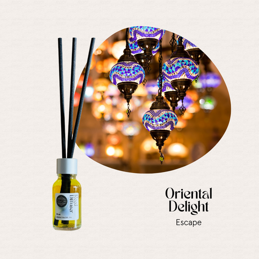FAVORI Scents Oriental Delight Mini Reed Diffuser (MRD) with black reeds, showcases floral fragrances.