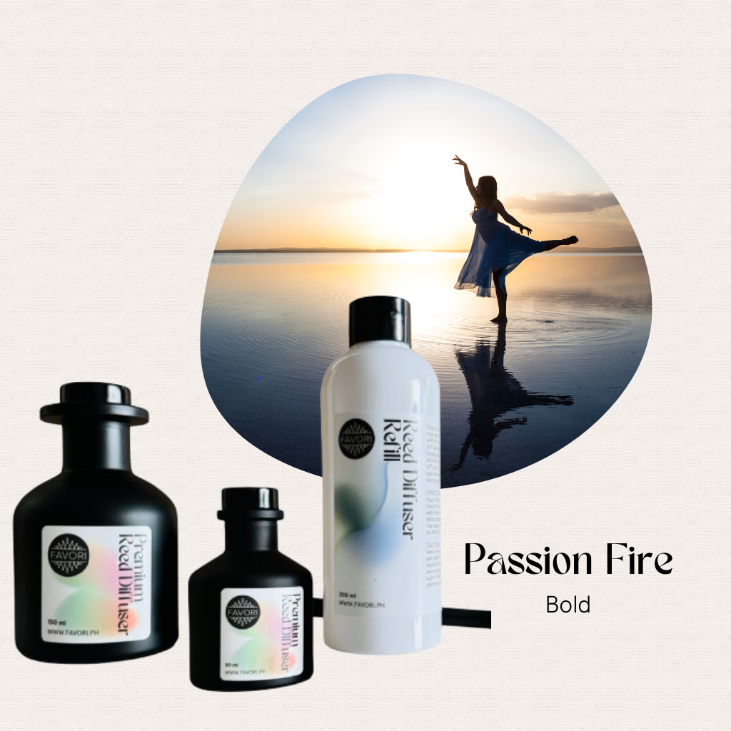 A woman’s silhouette dances at sunset above FAVORI Scents Passion Fire Trio Premium Reed Diffuser (TPRD).