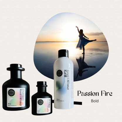A woman’s silhouette dances at sunset above FAVORI Scents Passion Fire Trio Premium Reed Diffuser (TPRD).