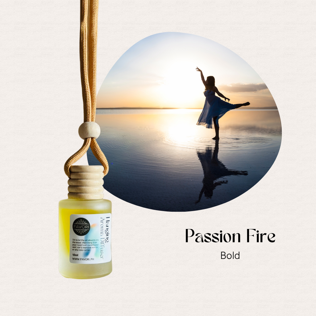 FAVORI Scents HAD: Small hanging car diffuser bottle, wooden cap, Passion Fire Bold dancer at sunset design.