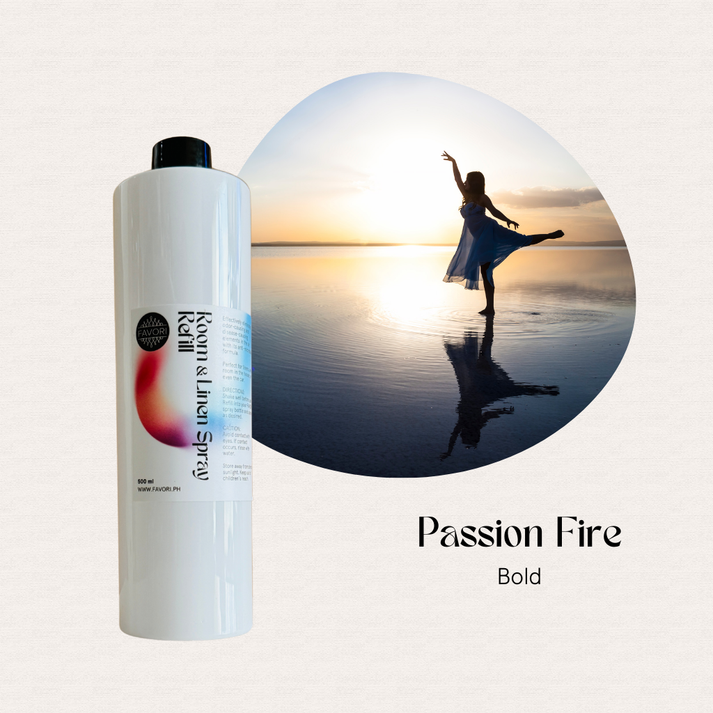 A FAVORI Scents 500ml Room & Linen Air Spray sits by a dancer at sunset on the water.