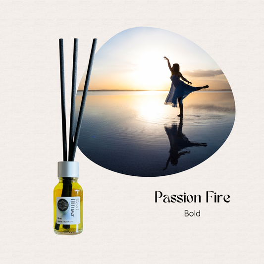 FAVORI Scents Passion Fire Mini Reed Diffuser (MRD)—long-lasting aroma with reeds, inspired by sunset passion.