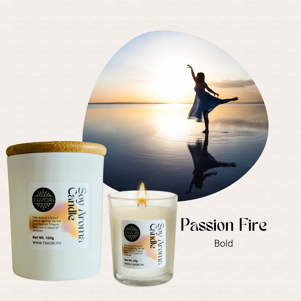 Two FAVORI Scents All Occasion candles beside a dancing woman’s silhouette at sunset—text: Passion Fire Bold.