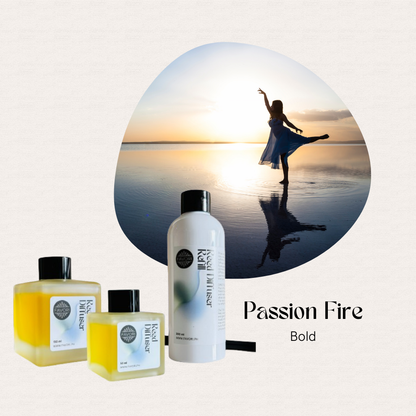 Woman dancing at sunset by the beach, FAVORI Scents Passion Fire Trio Reed Diffuser in the foreground.