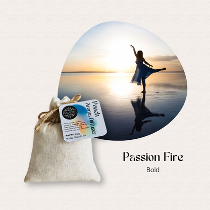 A FAVORI Scents PAD labeled Passion Fire, featuring a dancing woman at sunset, ideal for aroma oil blends.