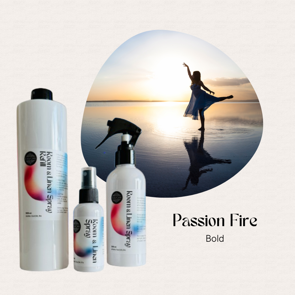 Three FAVORI Scents Trio Air Sprays beside a dancing woman at sunset, with anti-microbial freshener.
