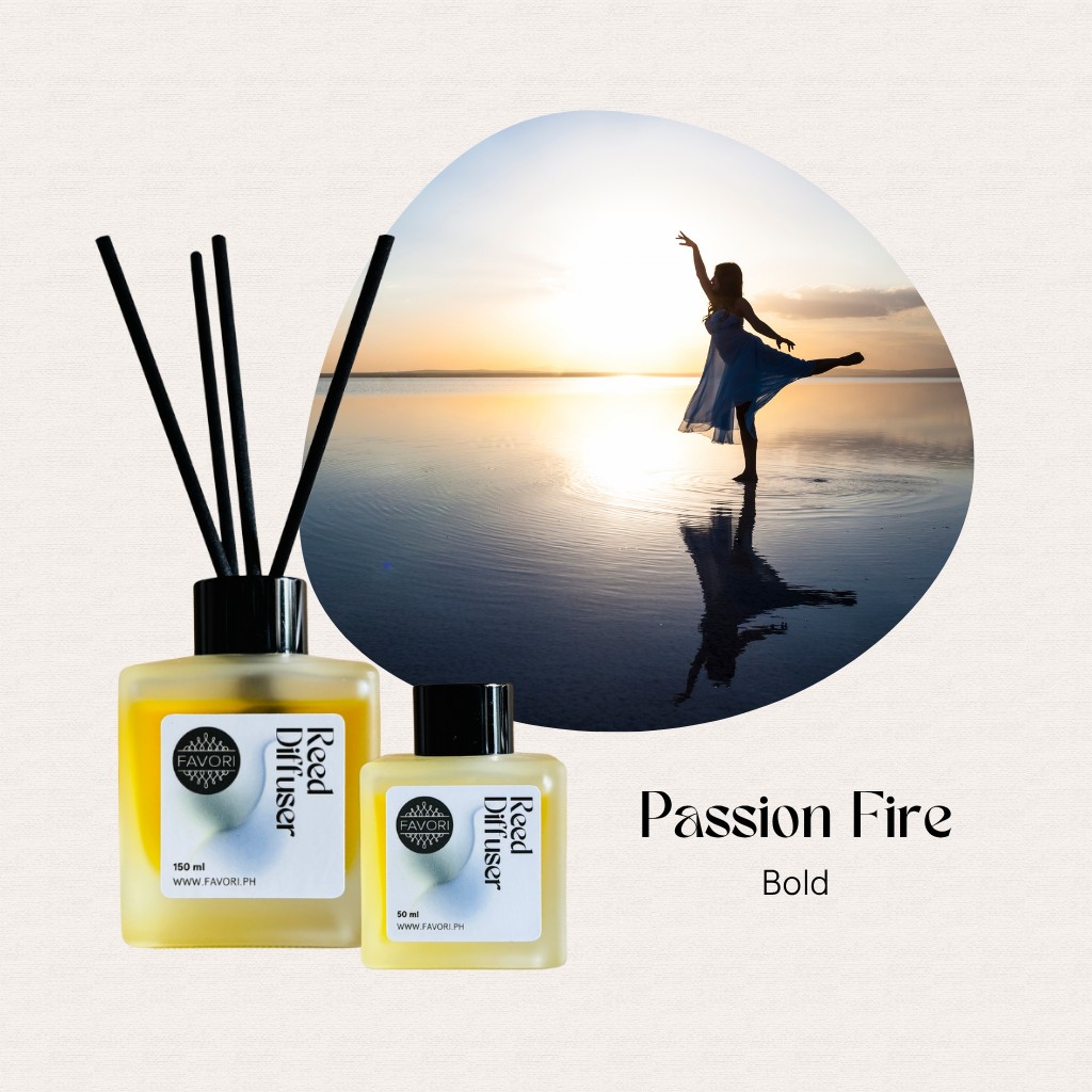 Two FAVORI Scents Passion Fire RRDs give a lasting aroma beside a sunset dancer silhouette.