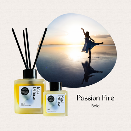 Two FAVORI Scents Passion Fire RRDs give a lasting aroma beside a sunset dancer silhouette.