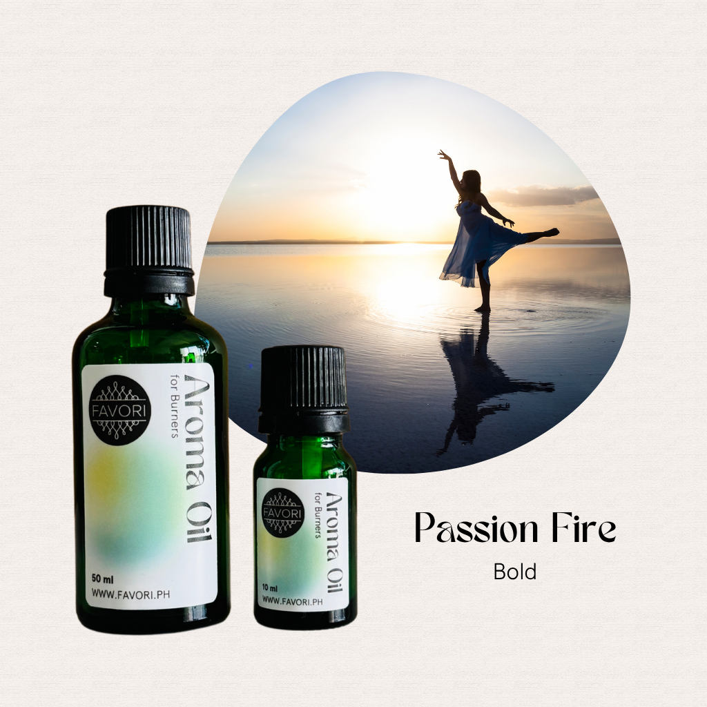 Two FAVORI Scents Burner Aroma Oils bottles, with a dancer silhouette at sunset, labeled Passion Fire Bold.