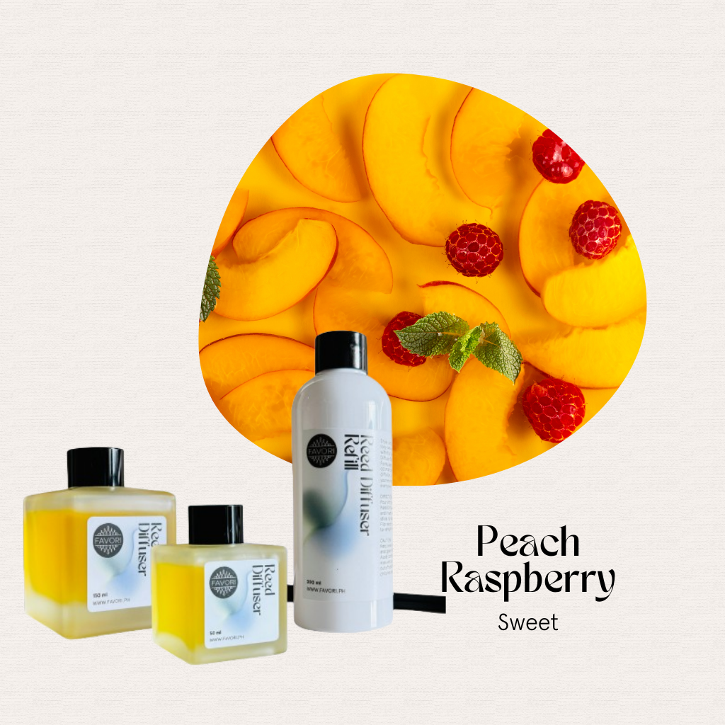Peach Raspberry Trio Reed Diffuser (FAVORI Scents): 3 bottles with fiber reeds, plus peach & raspberry slices with mint.