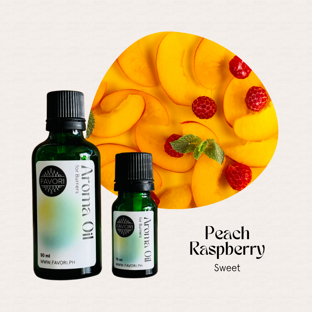 Two FAVORI Scents Burner Aroma Oils—peach, raspberry & mint; text: “Peach Raspberry Sweet.”.