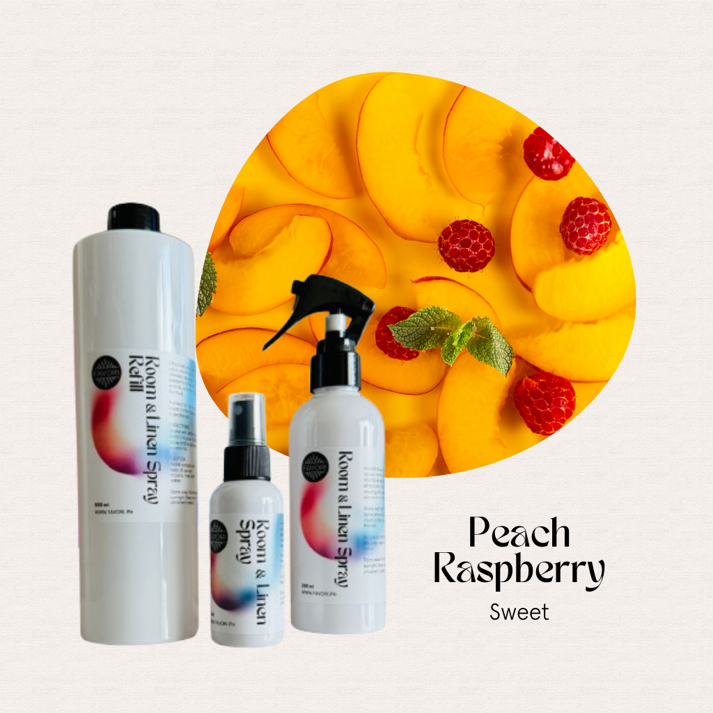 Three FAVORI Scents hair care bottles with Peach & Raspberry label, mint, fruit, and room Air Spray.