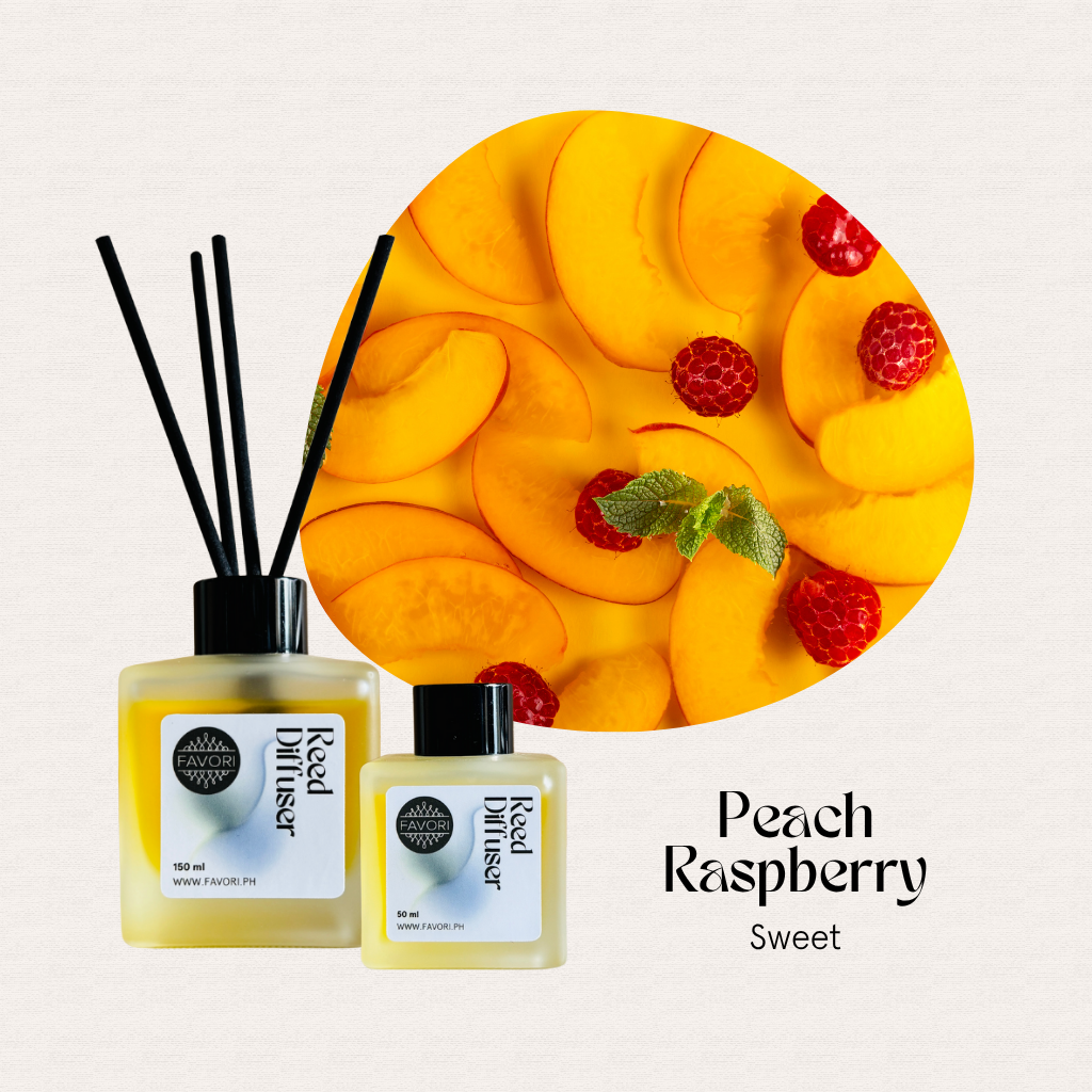 Two FAVORI Scents Peach Raspberry RRDs with fiber sticks; sweet, lasting raspberry and mint fragrance.