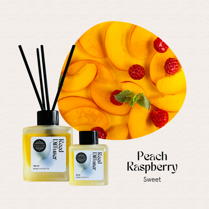 Two FAVORI Scents Peach Raspberry RRDs with fiber sticks; sweet, lasting raspberry and mint fragrance.
